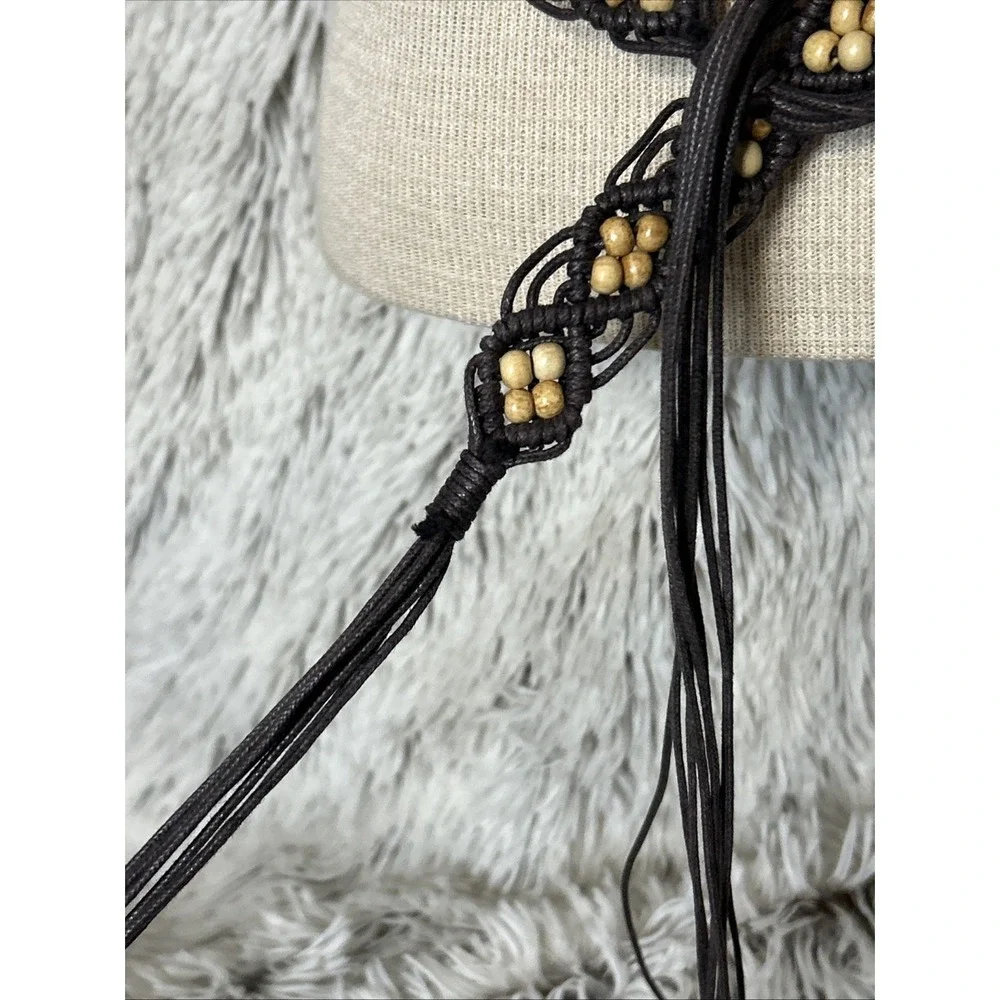 Vtg Macrame Wood Beaded Waist Tie Belt Fringe Dark Brown Hippie Boho 32